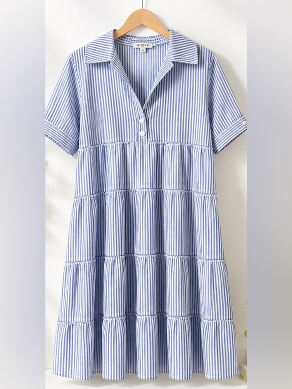 Umgee Blue and White Striped Tiered Dress